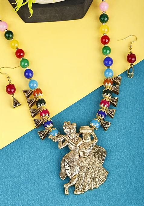 Multicolor And Triangle Beads Radha Krishna Pendant Necklace For Women