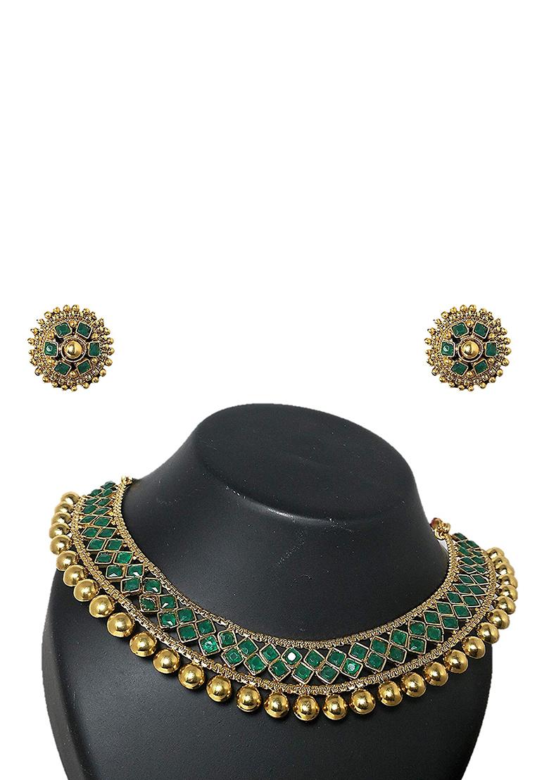 Green Metallic Finish Necklace Set For Women