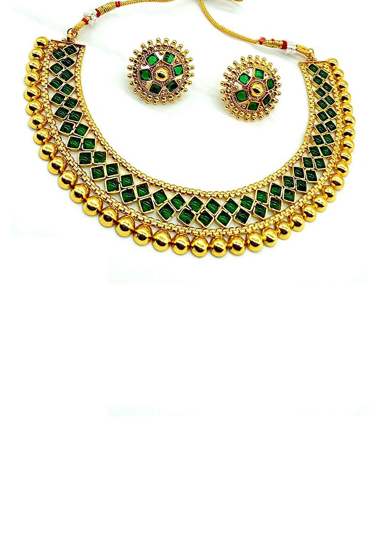 Green Metallic Finish Necklace Set For Women