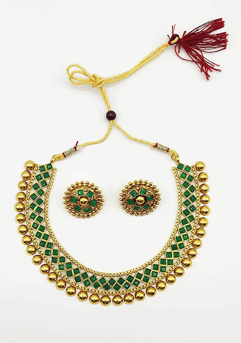 Green Metallic Finish Necklace Set For Women