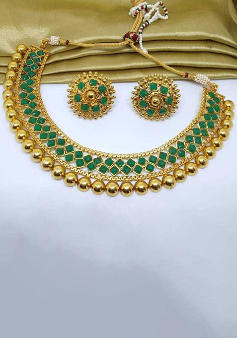 Green Metallic Finish Necklace Set For Women