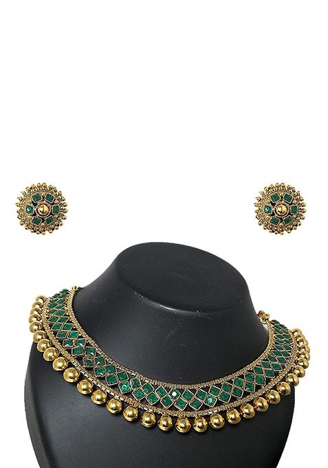 Green Metallic Finish Necklace Set For Women