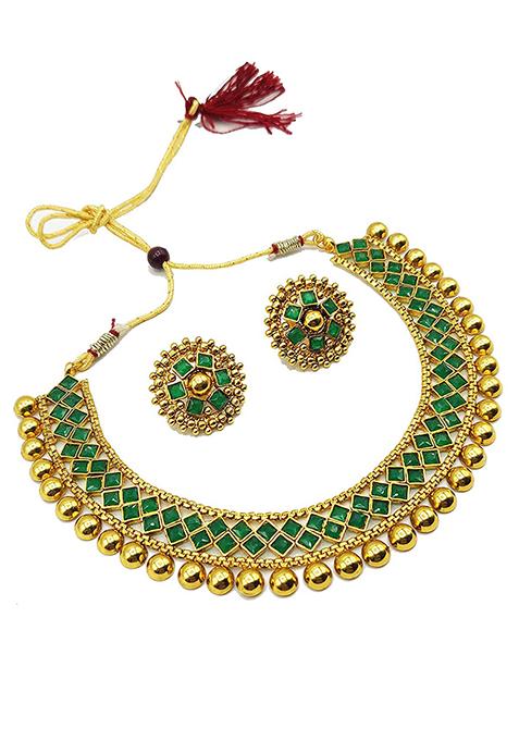 Green Metallic Finish Necklace Set For Women