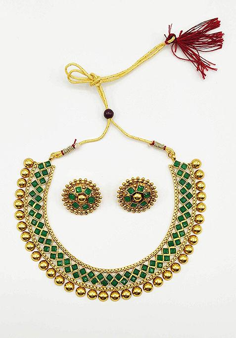 Green Metallic Finish Necklace Set For Women