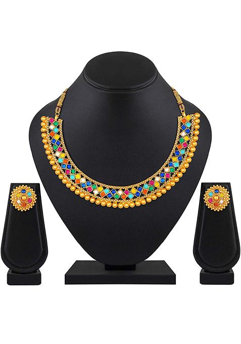 Multicolor Metallic Finish Necklace Set For Women