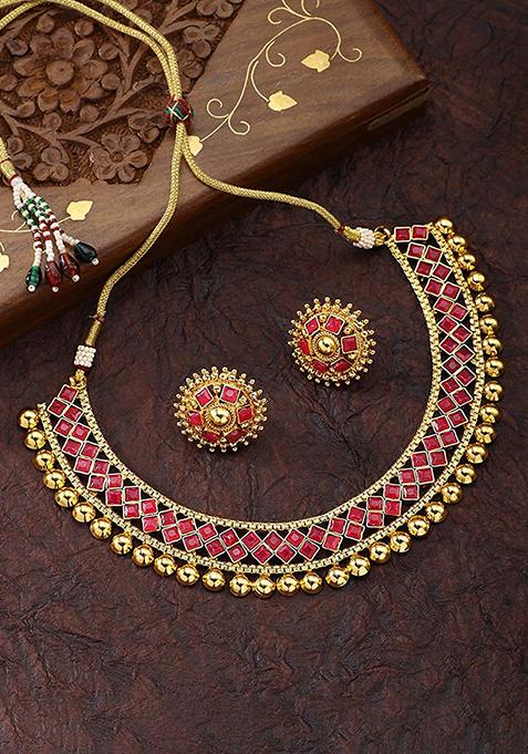 Ruby Metallic Finish Necklace Set For Women