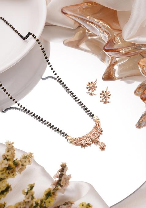 Rose Gold Plated Mangalsutra With Earrings