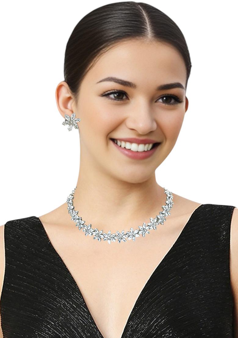 Silver Plated Cz Floral Design Necklace Set