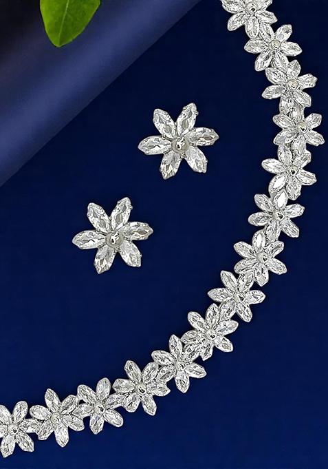 Silver Plated Cz Floral Design Necklace Set