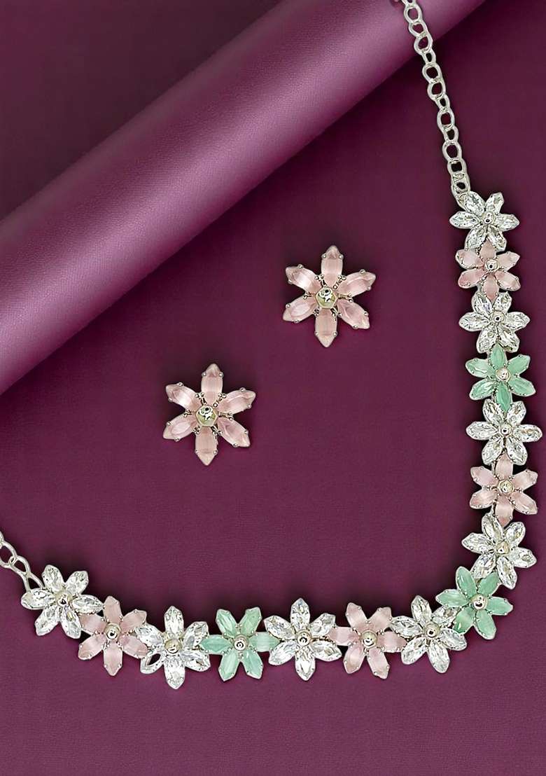 Silver Plated Ad Studded Flower Design Necklace Set - Indya