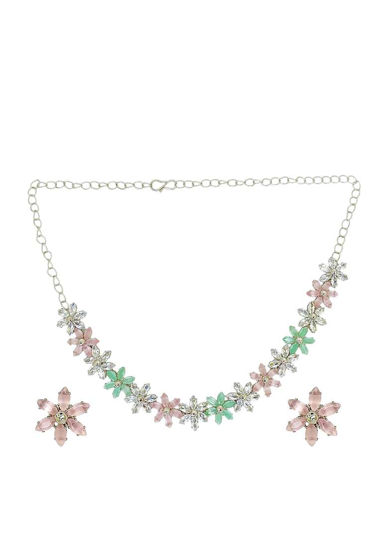 Silver Plated Ad Studded Flower Design Necklace Set - Indya