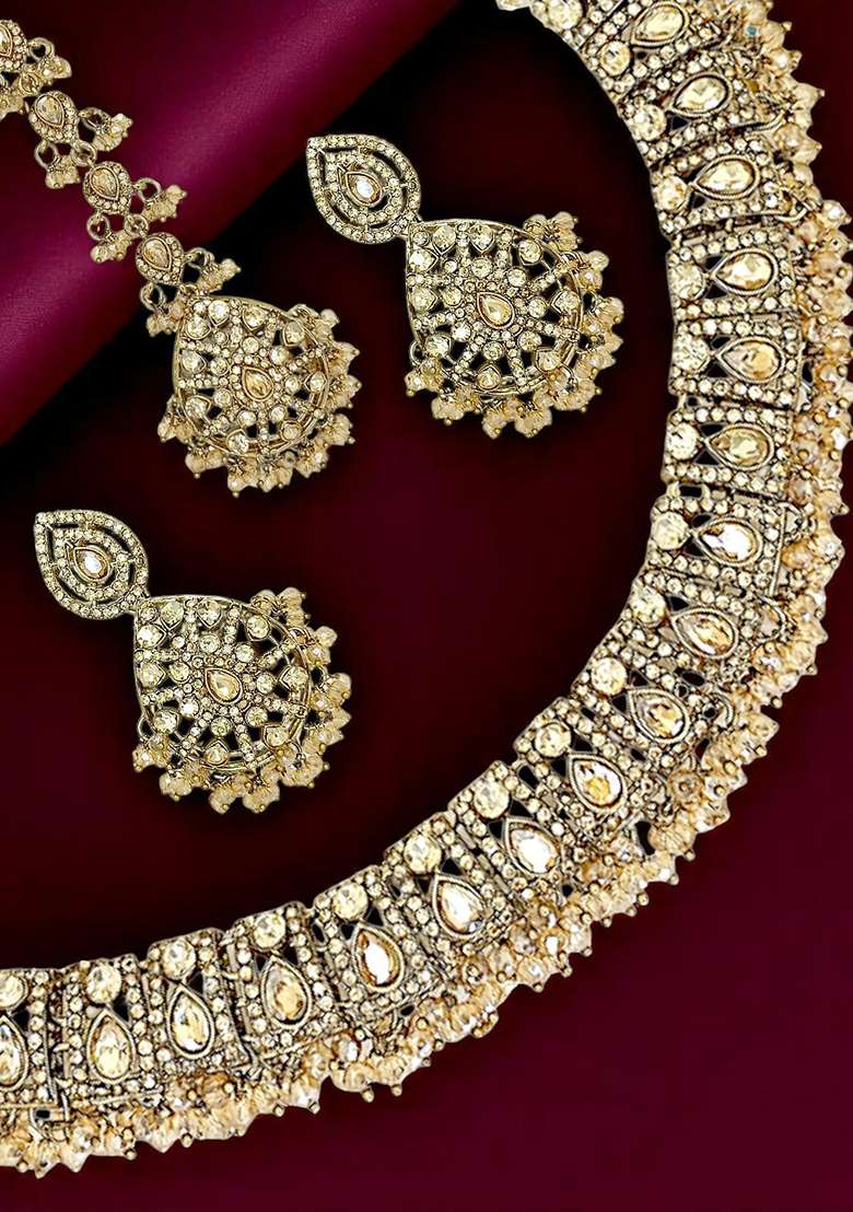 Gold Plated Champagne Stone Studded Jewellery Set - Indya