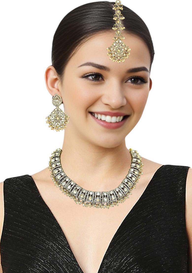 Gold Plated Champagne Stone Studded Jewellery Set