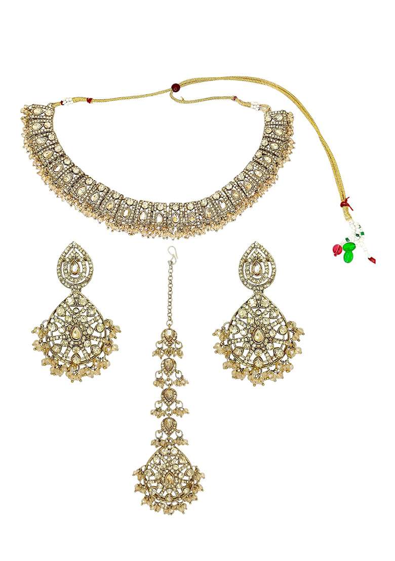 Gold Plated Champagne Stone Studded Jewellery Set - Indya