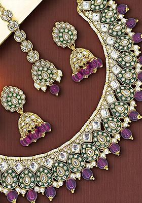 Gold Plated Meenakari Wine Beaded Choker Necklace Set