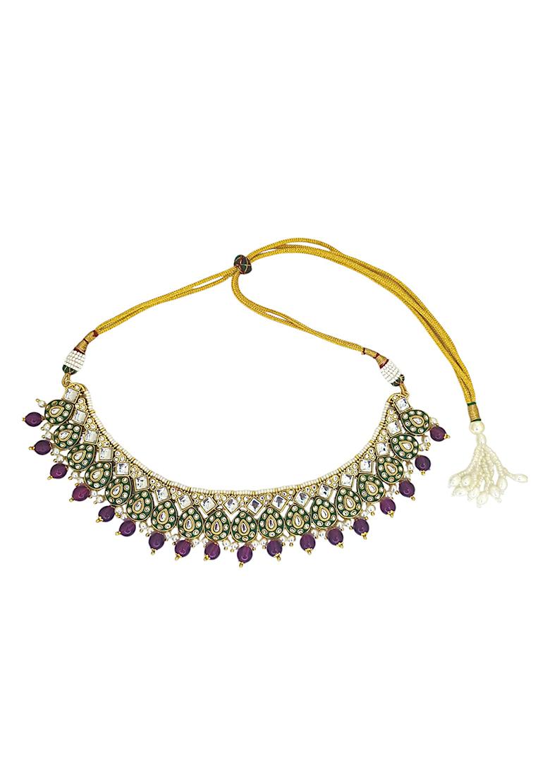 Gold Plated Meenakari Wine Beaded Choker Necklace Set