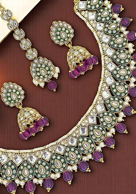 Gold Plated Meenakari Wine Beaded Choker Necklace Set