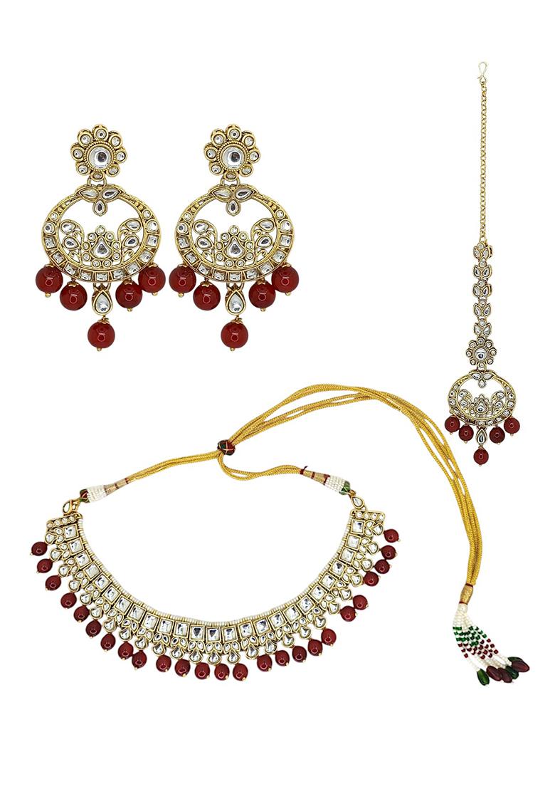 Gold Plated Kundan And Maroon Beads Studded Choker Necklace Set