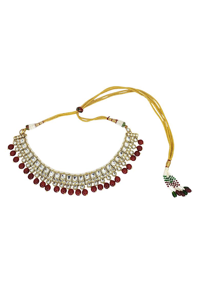 Gold Plated Kundan And Maroon Beads Studded Choker Necklace Set