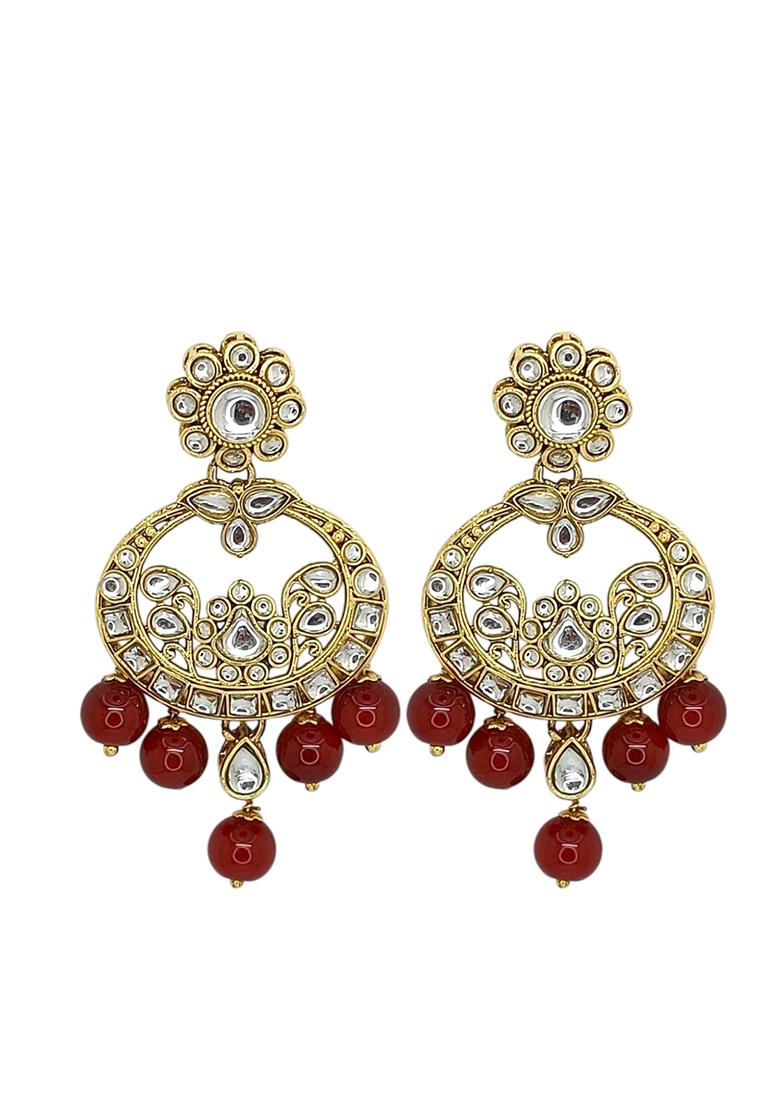 Gold Plated Kundan And Maroon Beads Studded Choker Necklace Set