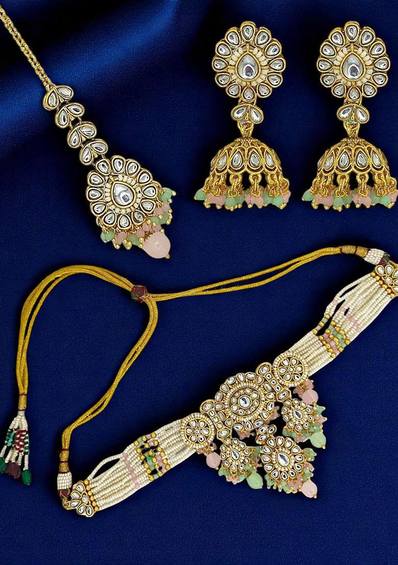 Gold Plated Kundan Pink Mint Choker Necklace Set - Indya