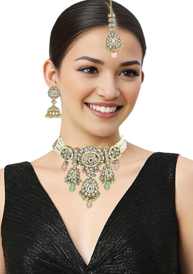 Gold Plated Kundan Pink Mint Choker Necklace Set