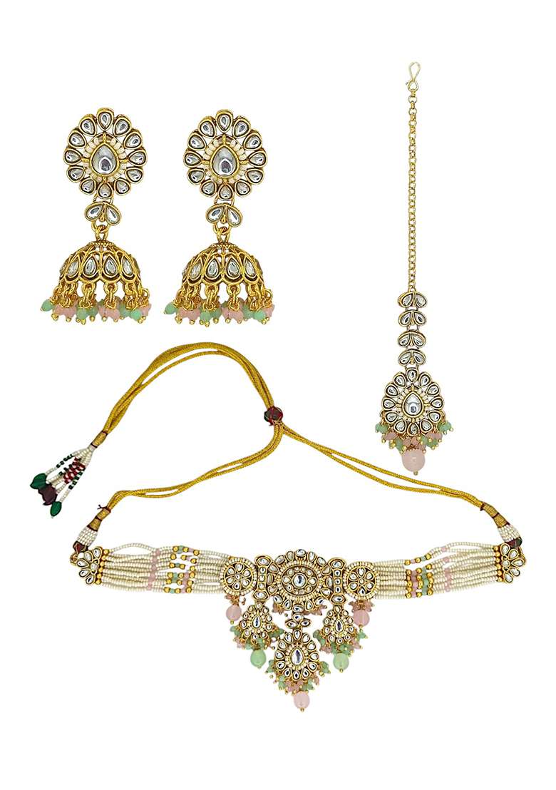 Gold Plated Kundan Pink Mint Choker Necklace Set - Indya