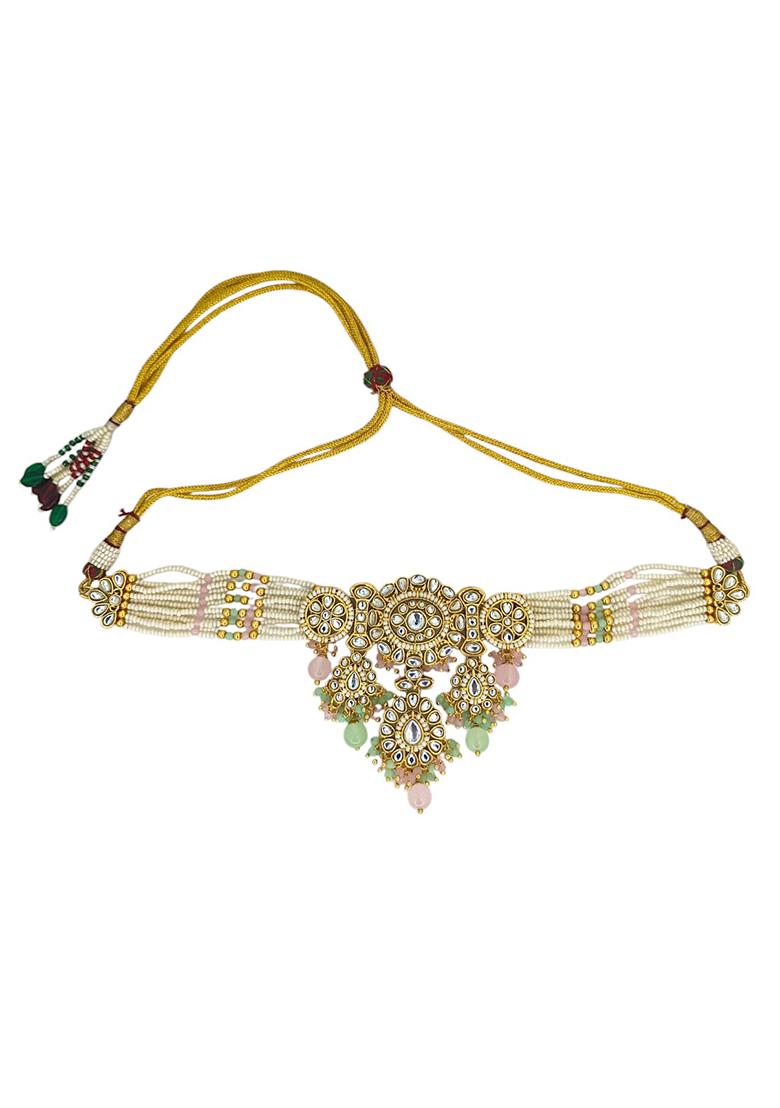 Gold Plated Kundan Pink Mint Choker Necklace Set