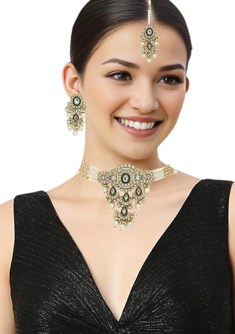 Gold Plated Kundan Meenakari Choker Necklace Set