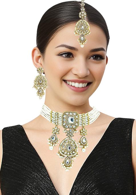 Gold Plated Kundan Studded Floral Choker Set