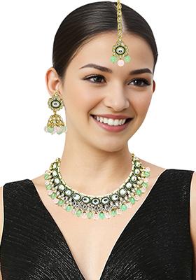 Gold Plated Kundan Studded Pink Mint Choker Necklace Set