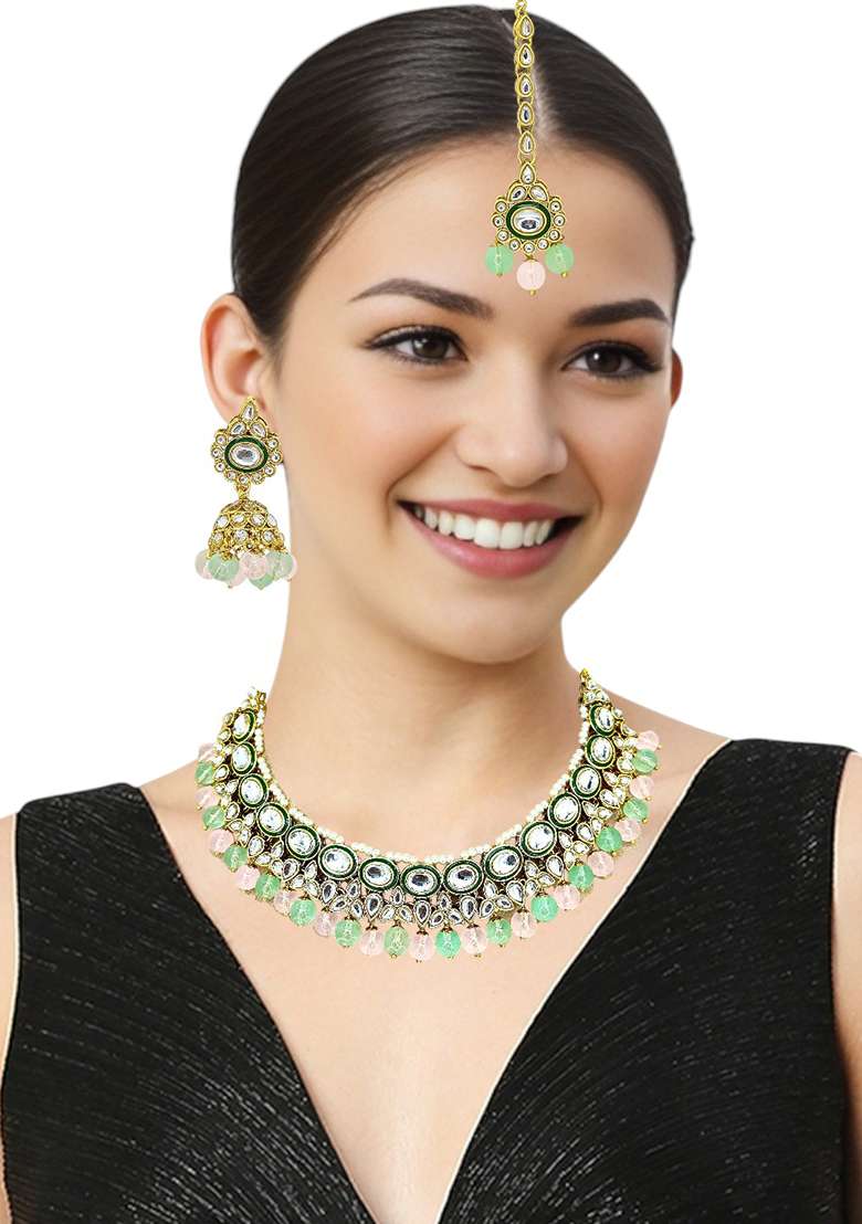 Gold Plated Kundan Studded Pink Mint Choker Necklace Set - Indya