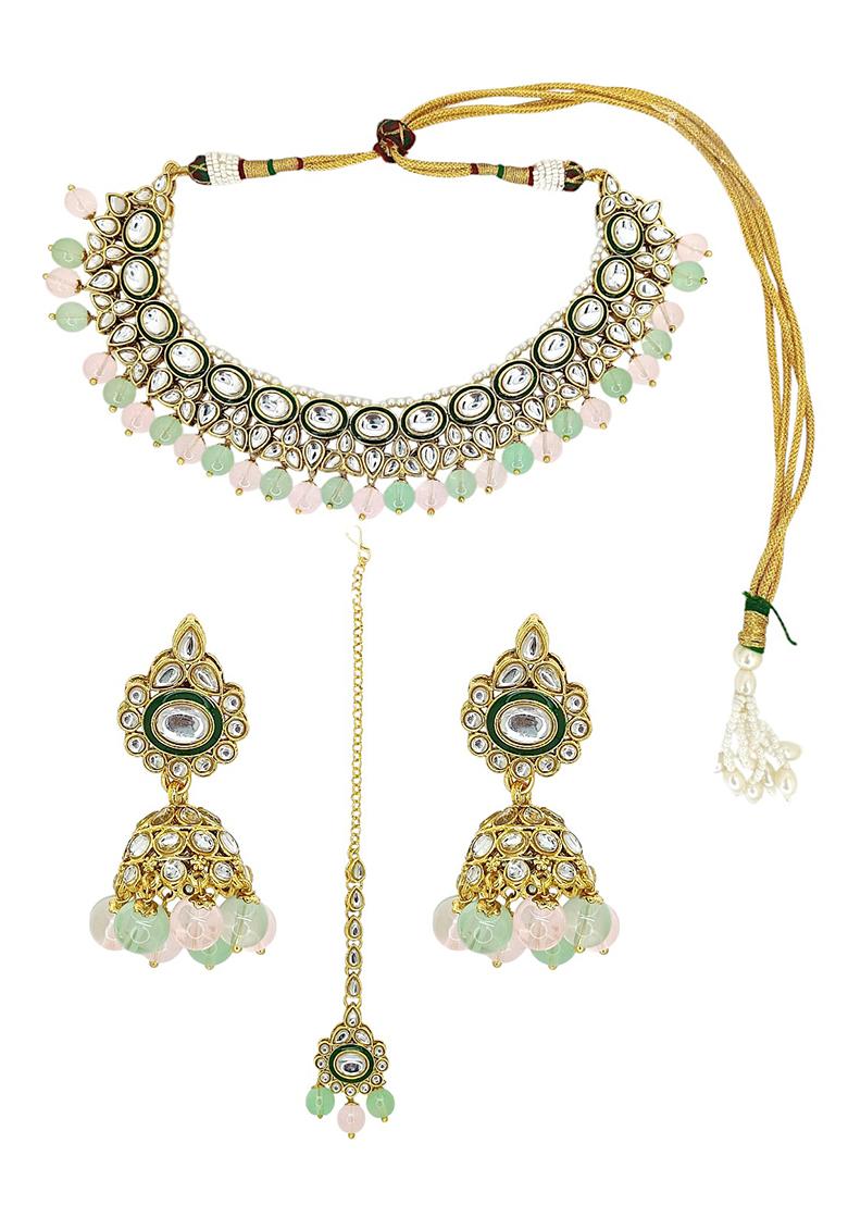 Gold Plated Kundan Studded Pink Mint Choker Necklace Set