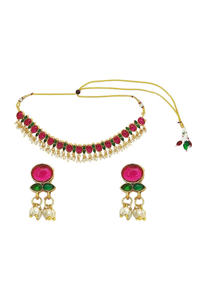 Gold Plated Stone Studded 2 In 1 Reversible Necklace Set