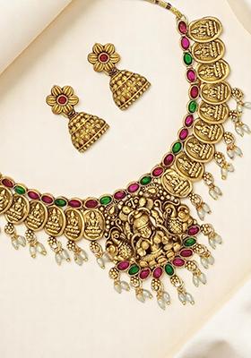 Gold Plated Stone Studded Coin Temple Necklace Set