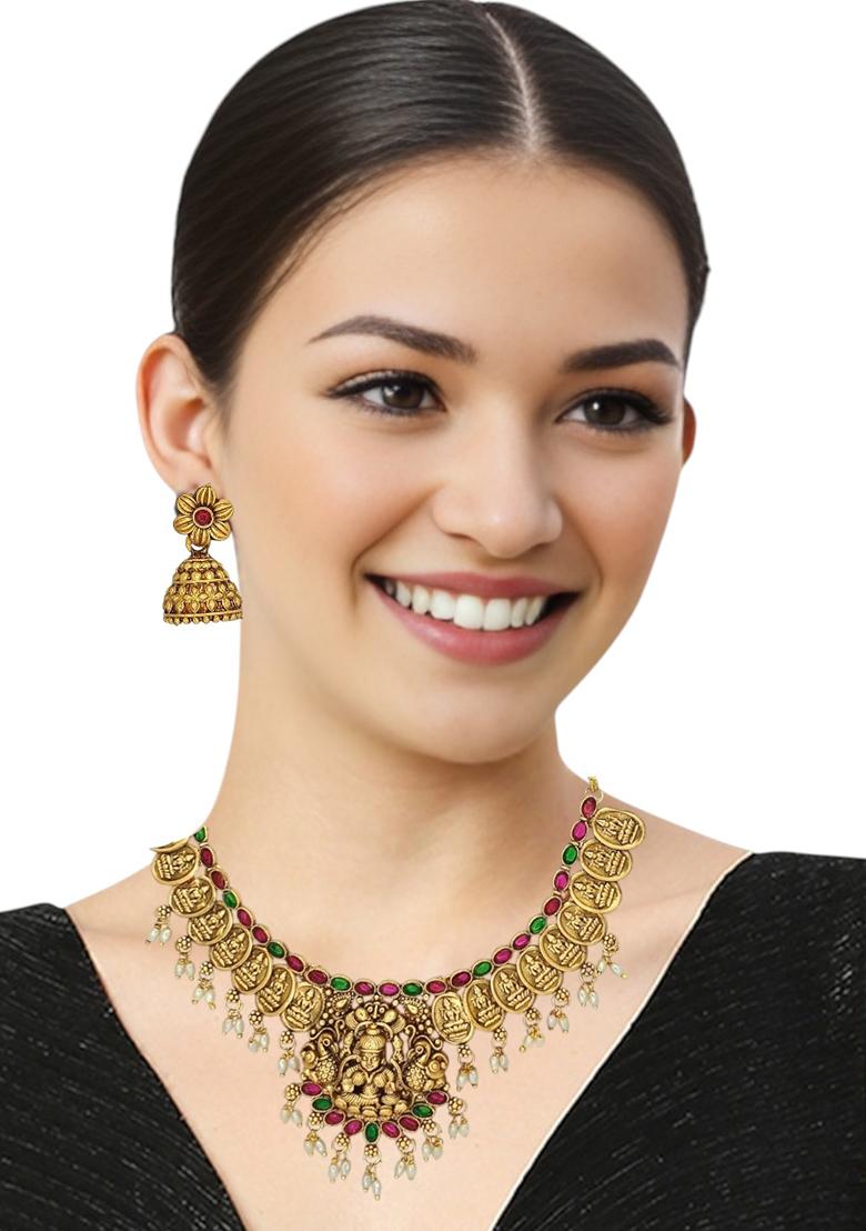 Gold Plated Stone Studded Coin Temple Necklace Set