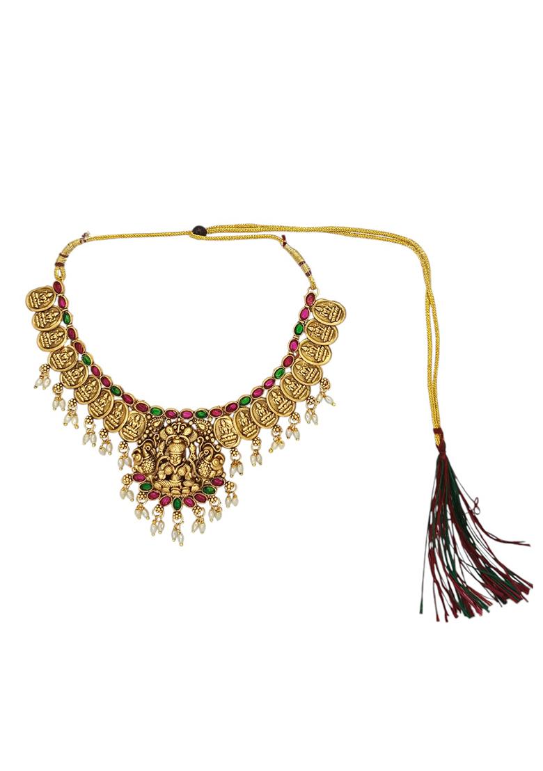 Gold Plated Stone Studded Coin Temple Necklace Set