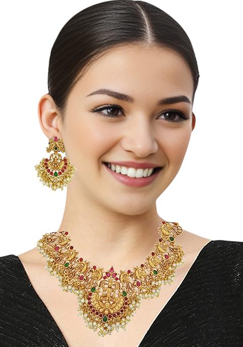 Gold Plated Peacock Temple Design Necklace Set