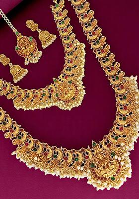 Gold Plated Temple Peacock Design Combo Jewellery Set