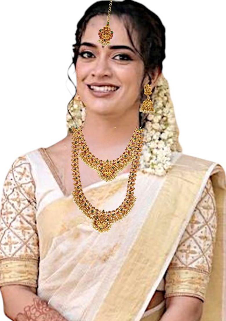 Gold Plated Temple Peacock Design Combo Jewellery Set