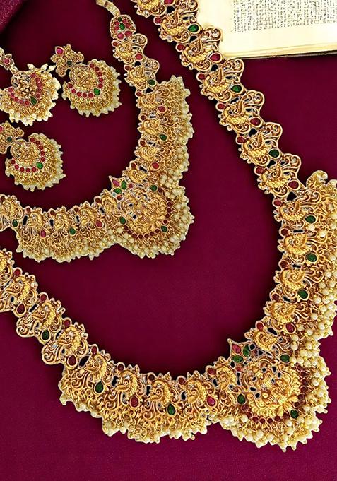 Gold Plated Temple Dancing Peacock South Indian Combo Jewellery Set