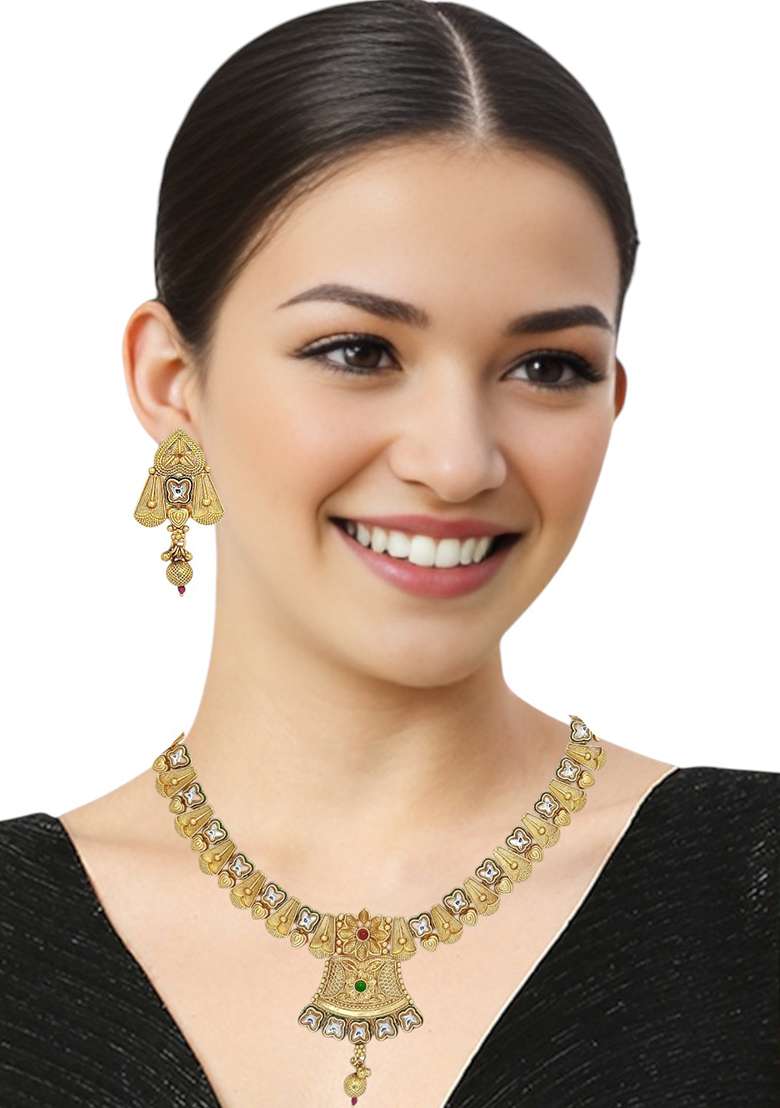 Gold Plated Rajwadi Matte Finish Necklace Set - Indya