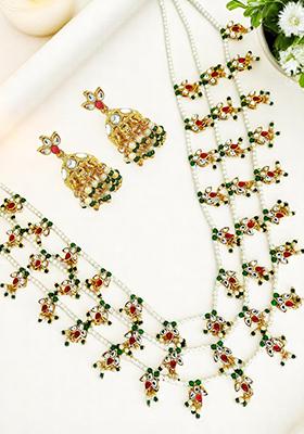 Gold Plated Stone Studded Satlada Necklace Set