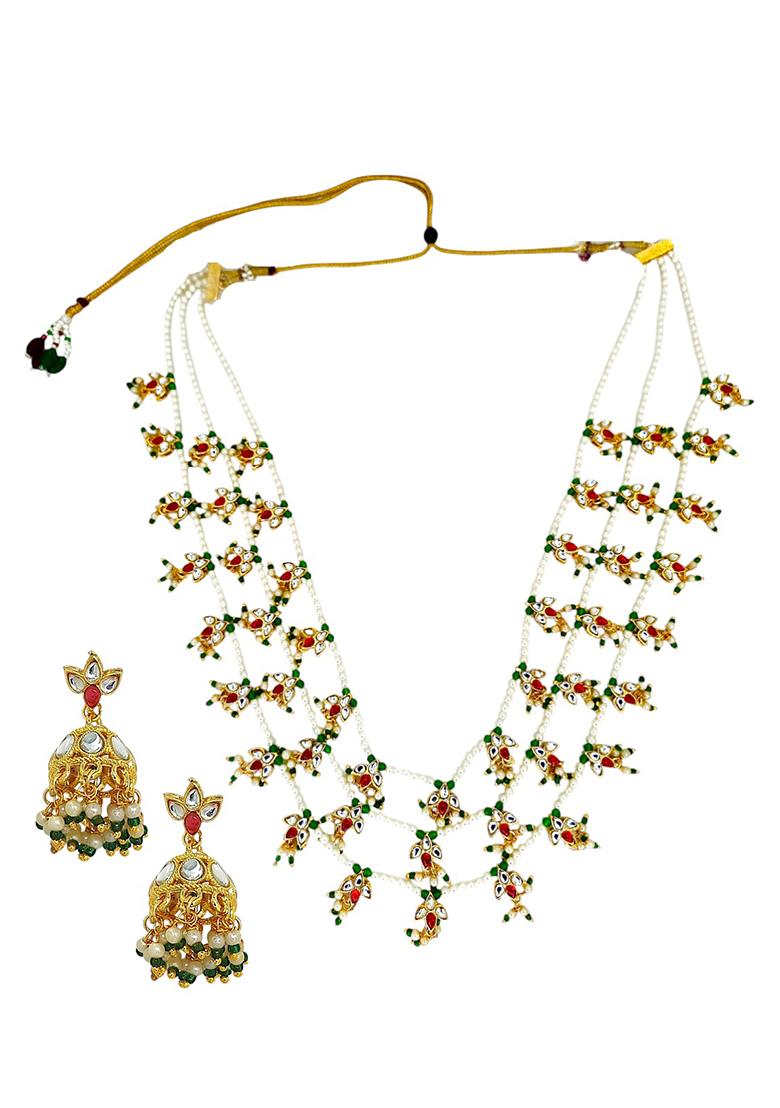 Gold Plated Stone Studded Satlada Necklace Set