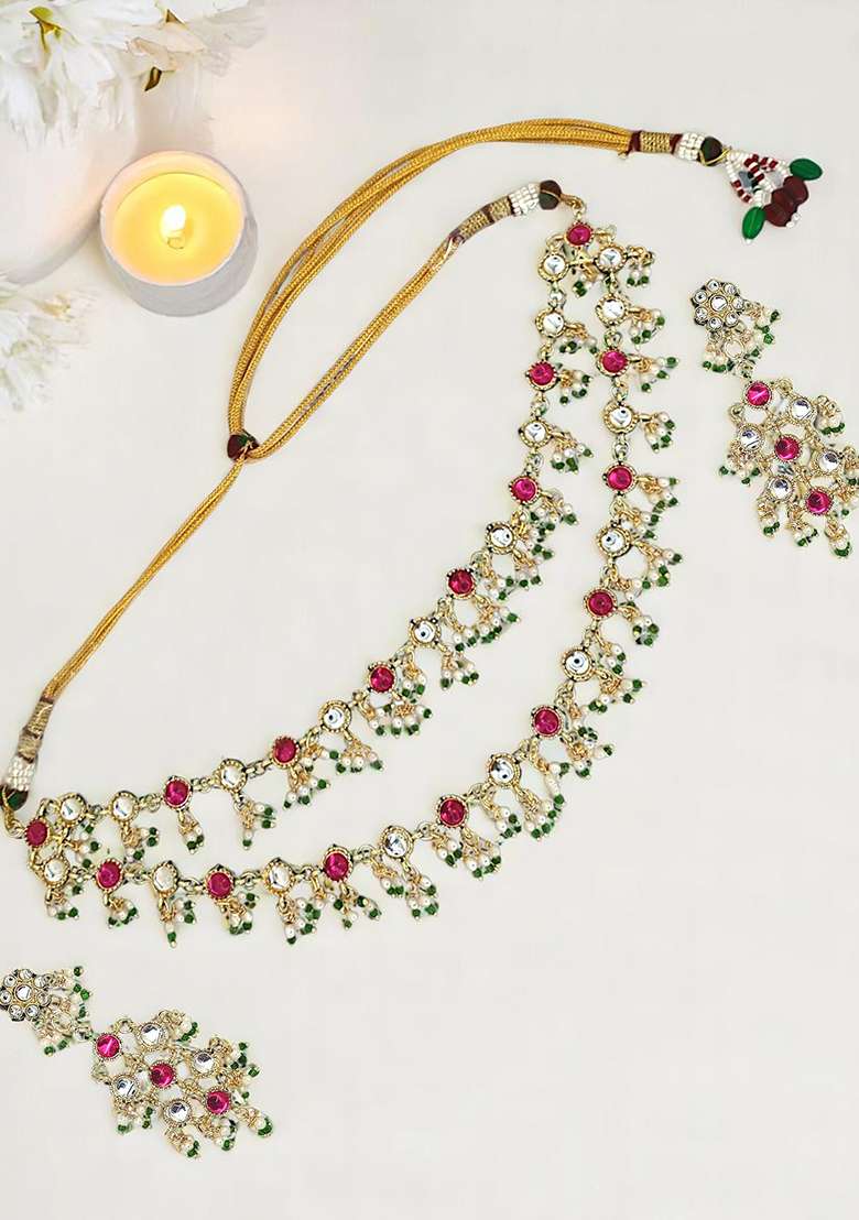 Gold Plated Multicolor Stone Studded Layered Necklace Set - Indya
