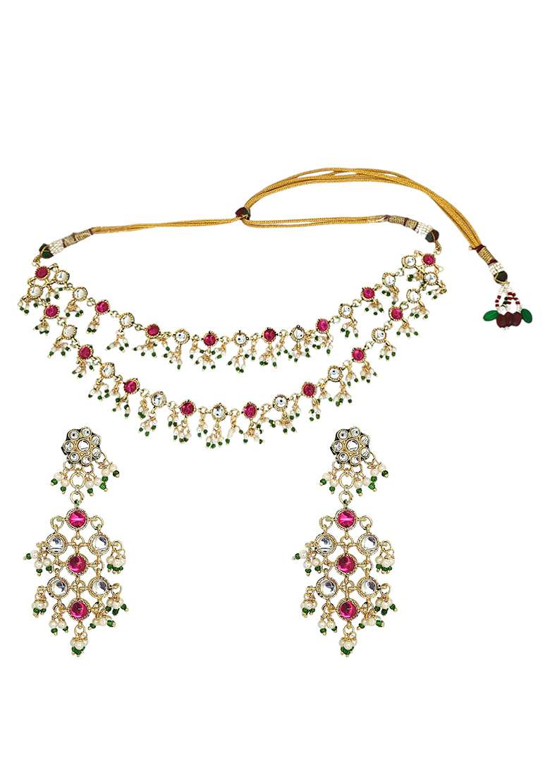 Gold Plated Multicolor Stone Studded Layered Necklace Set - Indya