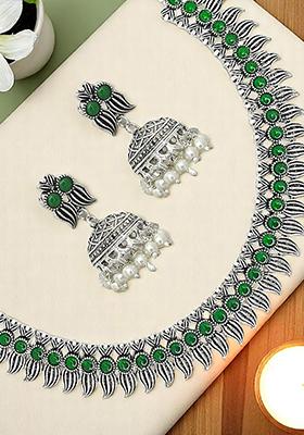 Silver Oxidised Green Stone Studded Necklace Set