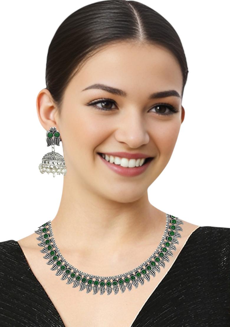 Silver Oxidised Green Stone Studded Necklace Set