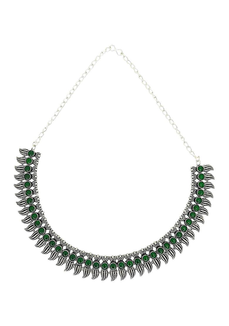 Silver Oxidised Green Stone Studded Necklace Set