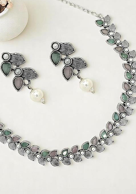 Silver Oxidised Leaf Design Necklace Set
